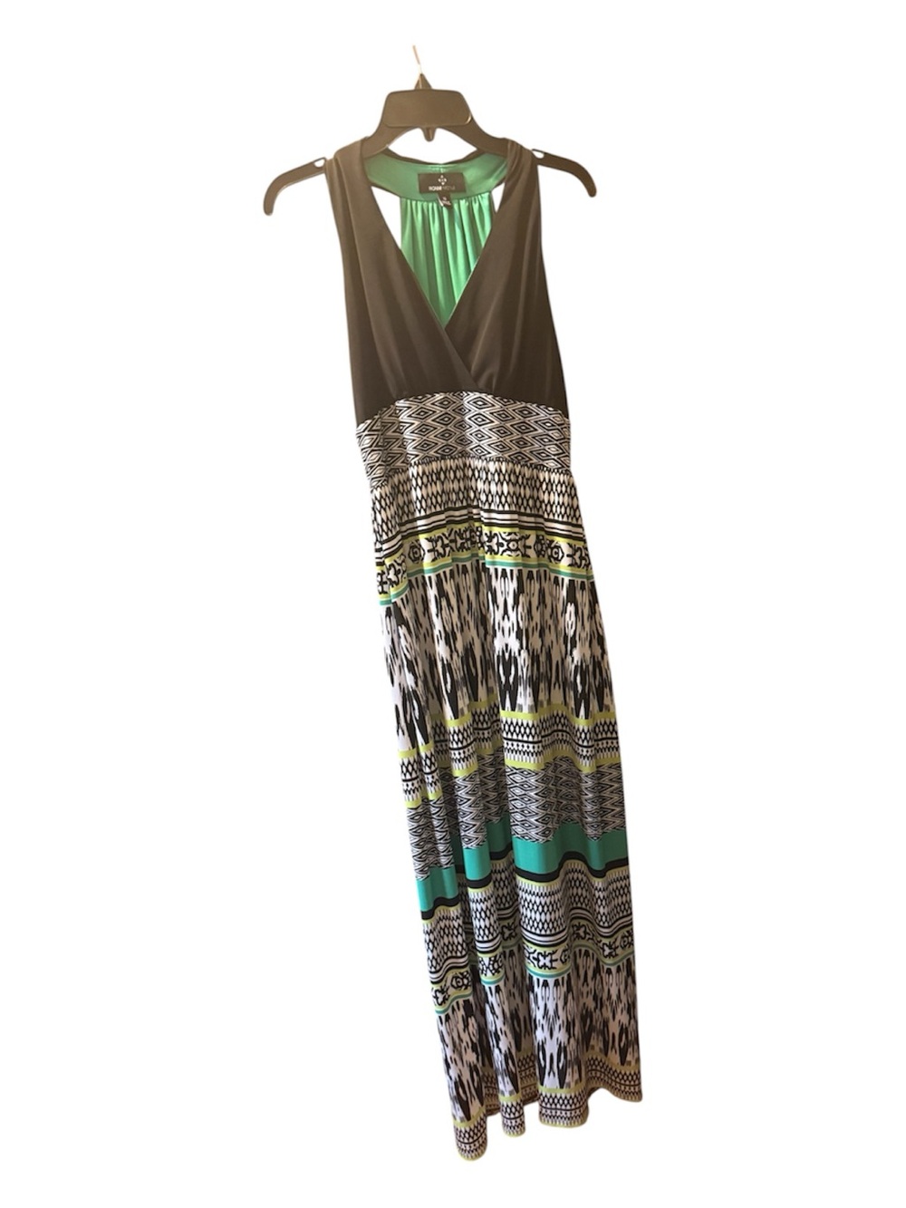 Ronni Nicole Black Sleeveless Maxi with Aqua & Lime Patterned Skirt